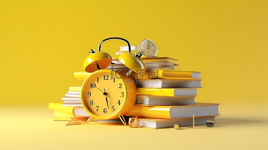 教育主题 3D 渲染一个亮黄色闹钟和一堆书籍，供您的模型设计