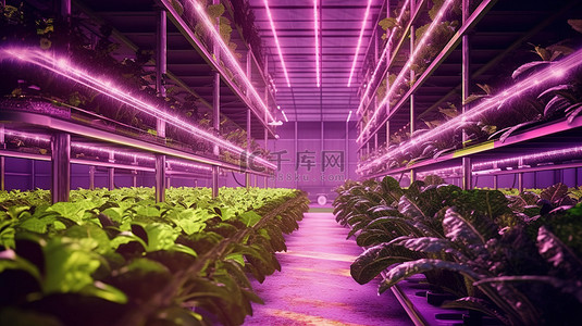 农业蔬菜背景图片_紫色 LED 照明工业温室革命性的水培室内蔬菜植物工厂
