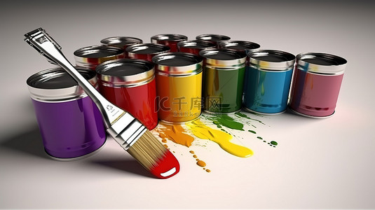 贵毛笔字背景图片_充满活力的画笔和 3D 渲染的彩色罐头