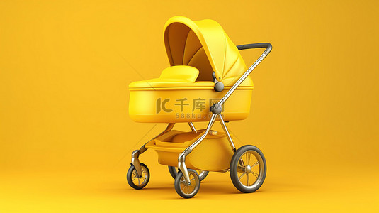 护理婴儿背景图片_明亮背景 3D 渲染上当代黄色婴儿车的时尚双色调风格模型