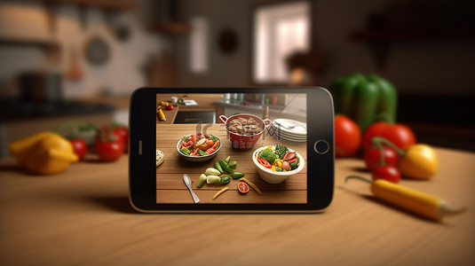 餐饮家常菜背景图片_自制食品应用程序用户界面的 3D 渲染