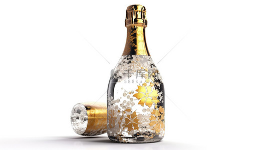金色包装的香槟或闪闪发光的白葡萄酒瓶单独站立在数字创建的白色背景上