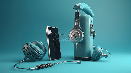 复古麦克风和耳机，带智能手机，蓝色背景 3D 插图