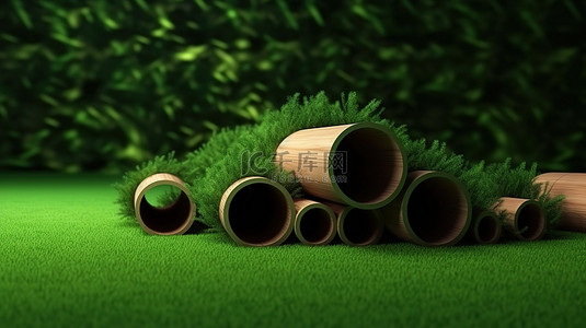 绿草和树叶周围的木管物体 3D 渲染完美适合夏季背景