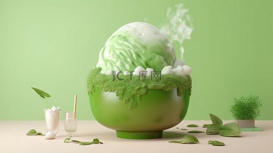 清爽夏季冰背景图片_清爽的亚洲风格绿茶宾索刨冰甜点卡通风格 3D 渲染