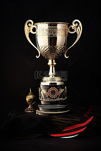 黑色背景，黑色桌子上有金色奖杯和奖牌