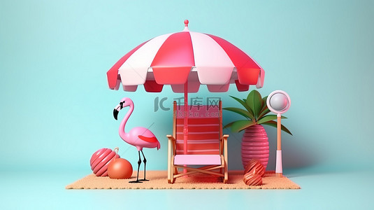 海滩场景的 3D 插图，配有火烈鸟浮伞相机太阳镜和沙滩椅，非常适合夏季