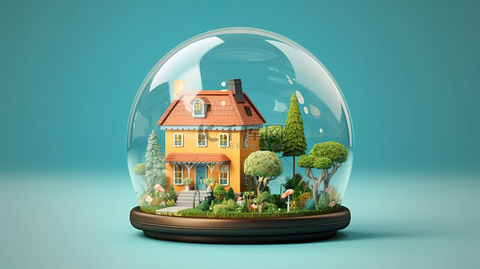 3D 渲染的可爱卡通房子和花园的插图，封闭在玻璃圆顶中