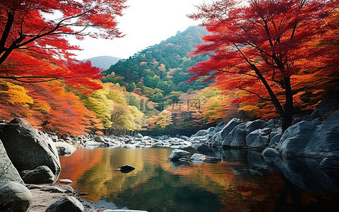 红色的水背景图片_这个山景包含红色的树木和水