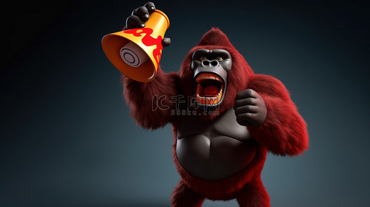 搞笑的 3D 大猩猩，拿着披萨和扩音器