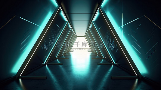 浅蓝科技背景图片_具有抽象设计的未来派三角形走廊的低调 3D 插图