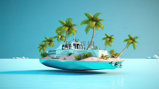 热带宁静的 3D 插图，描绘了一个棕榈树丛生的岛屿，一艘船在海洋中休息