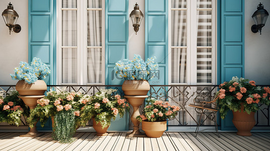 复古阳台装饰着盛开的花朵和 3D 渲染的浅蓝色百叶窗