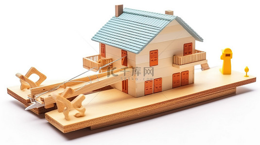 建筑融资理念 3D 渲染在白色背景的木制捕鼠器上建造的房屋