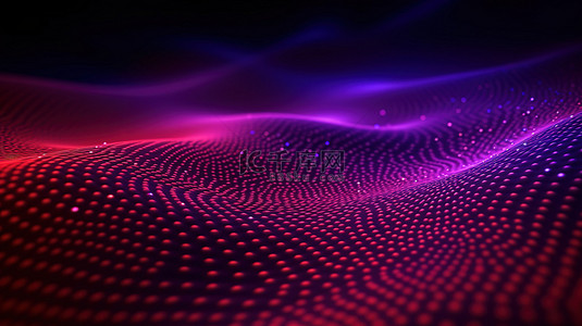 波浪图案地板上红色和紫色数字粒子的抽象 3D 渲染