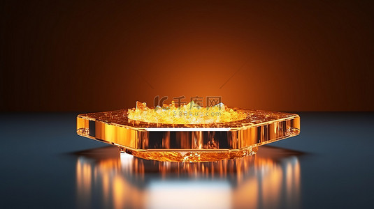 闪闪发光的水晶镶嵌金色舞台平台非常适合展示奢侈品 3D 渲染模板