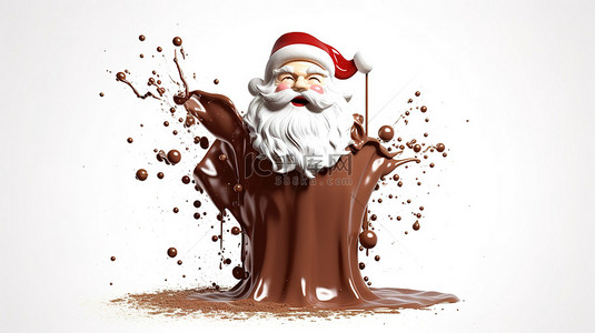卡通牛奶飞溅背景图片_圣诞老人形状的巧克力飞溅迷人的 3D 插图