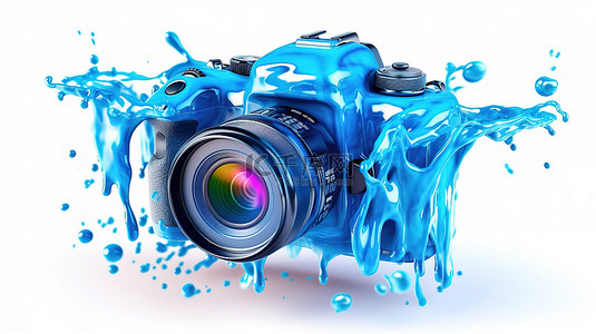 3D 插图中蓝色油漆的斑点填满相机