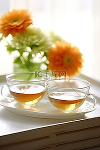 两碗茶坐在一朵橙花旁边