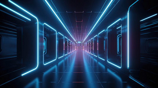 夜店夜店背景图片_霓虹灯矩形在 3D 渲染的科幻走廊中翱翔的未来主义插图