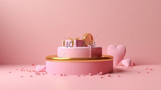 玫瑰色平台和镀金礼盒，3D 腮红背景上有心形情人节的爱
