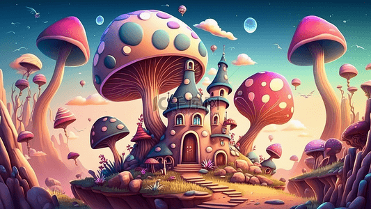 世界建筑插画背景图片_城堡蘑菇卡通插画
