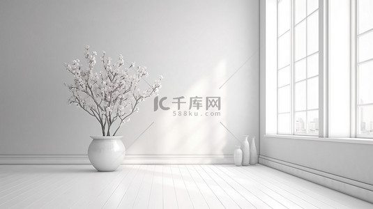 家居背景图片_带有花卉装饰的白色房间的简约斯堪的纳维亚 3D 渲染
