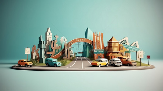 公路天空背景图片_用于旅游和度假促销的风景优美的弯曲道路和高速公路的独立广告 3D 插图