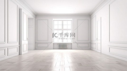 白色窗户背景图片_朴素的白色房间，配有镶木地板门和大窗户 3D 渲染图像