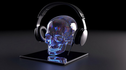 地球科技电脑背景图片_平板电脑上的水晶头骨和耳机，用于 3D 元宇宙内容渲染