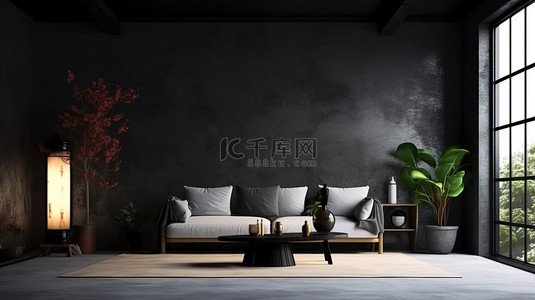 日本风格的室内设计，在光滑的混凝土房间 3D 渲染中配有黑色沙发