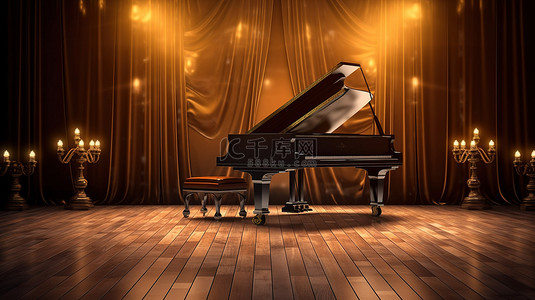 木制舞台上钢琴的 3D 插图，具有戏剧性的灯光