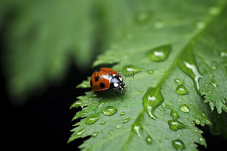 绿色植物上的瓢虫与雨滴