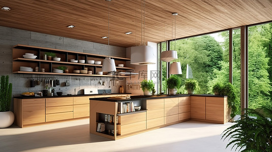 现代生态风格厨房内饰与木质立面 3D 渲染