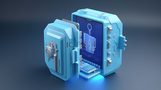 蓝色服务器背景图片_带有货币安全防护智能手机和服务器的安全保险箱在蓝色背景上以 3d 渲染