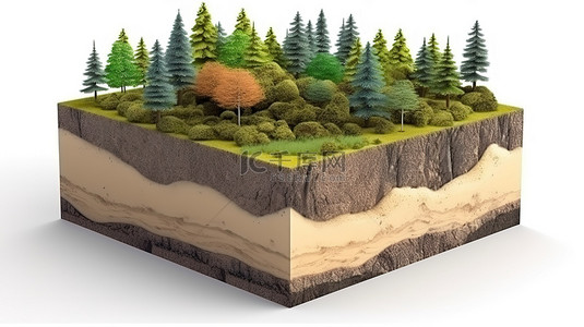 立方体土壤树和地质在白色背景下隔离的横截面林地的 3d 插图