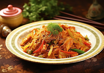 马来式鸡肉炒饭配已煮熟的炒蔬菜