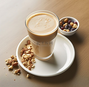 山核桃花生背景图片_一个咖啡杯，里面有食物坚果糊状山核桃核桃花生和豆奶