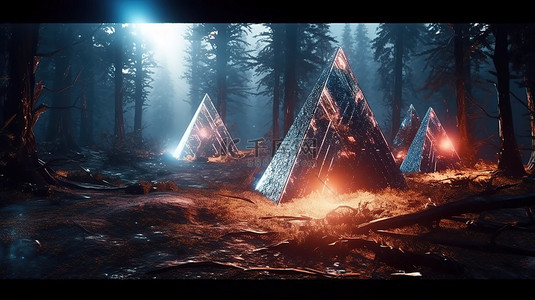 发光的三角形闪光照亮了外星行星 3d 渲染上的森林