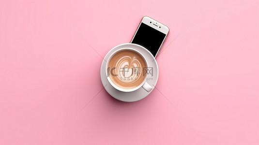粉红色背景咖啡杯和智能手机从上面看，有空间用于 3D 渲染的定制文本
