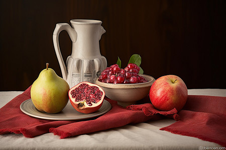 果水背景图片_坐在桌布上的桌子上的水果