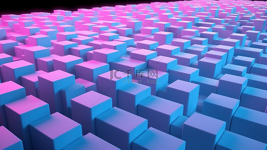 蓝色粉色霓虹灯技术几何背景，平行四边形图案中的白色立方体行 3D 插图