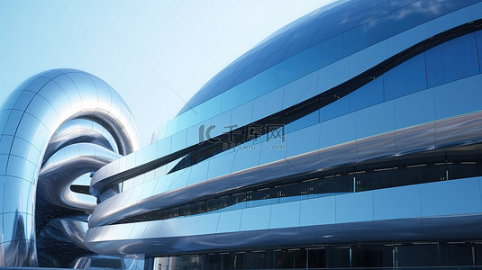 时尚的未来派摩天大楼，带有弧形玻璃窗，3D 渲染