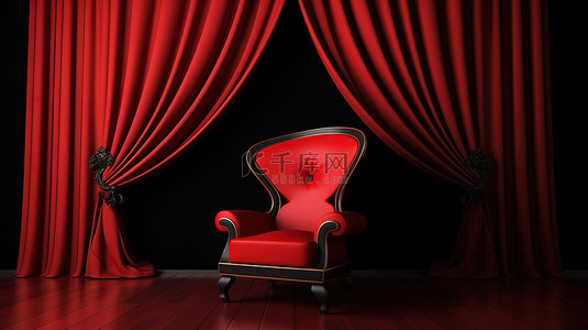富丽堂皇的红色椅子，背景是 3D 创建的黑色和红色窗帘