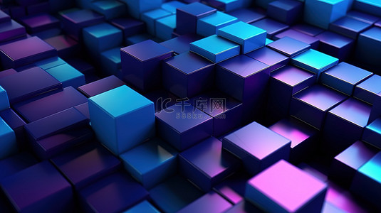 色块图形背景图片_黑色背景上蓝色和紫色块的抽象 3D 渲染