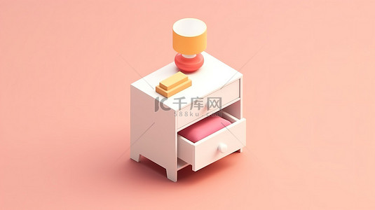 等距视图中白色床头柜和粉色家居用品的 3D 图标集
