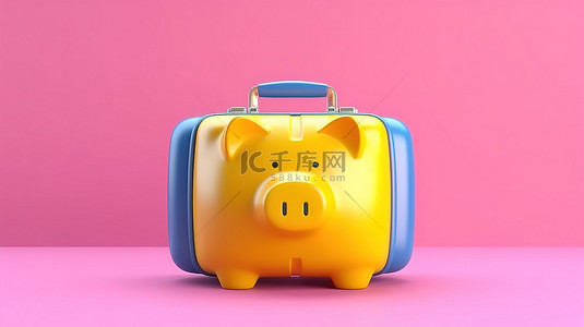 旅行黄色背景图片_3d 渲染粉色存钱罐和黄色背景上的蓝色手提箱