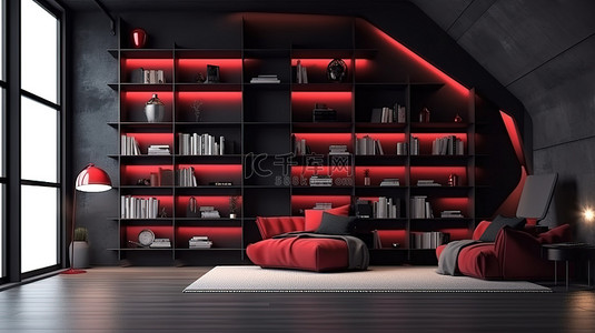 现代阁楼室内 3D 渲染书房，配有红色和黑色色调和角落书架