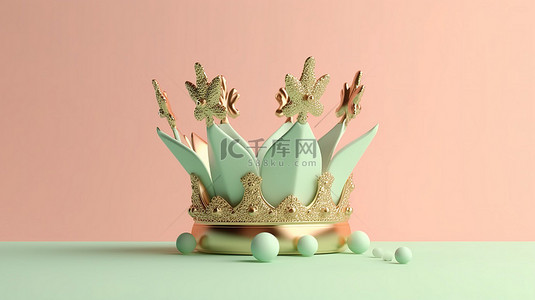 柔和的背景上简约的金色王冠令人惊叹的 3D 渲染