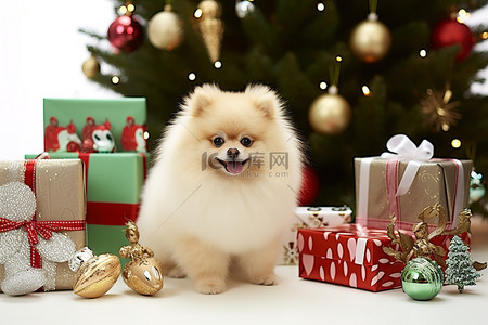 疲劳老人背景图片_一只博美犬坐在一些圣诞礼物前
